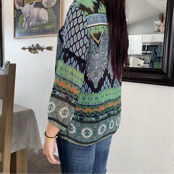 Bila Womens Printed Round Neck 3/4 Sleeve Sheer Embellished Tunic Multicolor XL - Picture 4 of 9